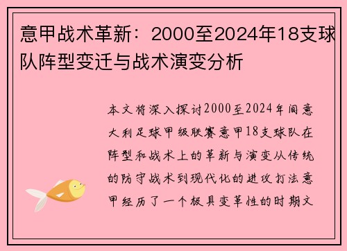 意甲战术革新：2000至2024年18支球队阵型变迁与战术演变分析