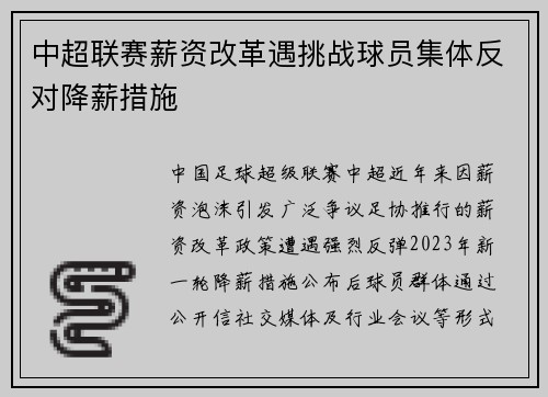 中超联赛薪资改革遇挑战球员集体反对降薪措施
